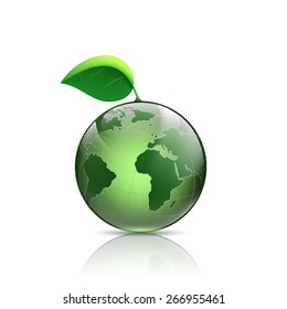 Planet earth with green leaf. Vector image.
