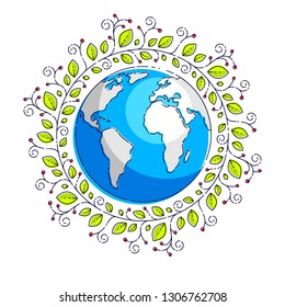 Planet earth with green leaves floral ornate design, vector emblem or illustration isolated on white. 