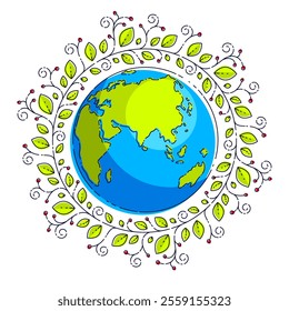 Planet earth with green leaves floral ornate design, vector emblem or illustration isolated on white. 