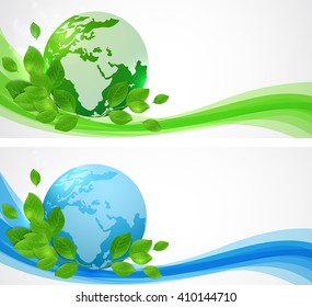 Planet Earth and green leaves. Horizontal banners with planet Earth.