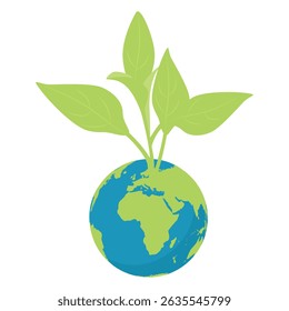 Planet Earth with green sprout and leaves. Eco-friendly concept for Earth Day, World Environment Day, and nature conservation. Greener planet and sustainability symbol. Vector illustration.