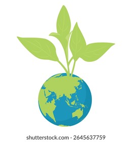 Planet Earth with green sprout and leaves. Eco-friendly concept for Earth Day, World Environment Day, and nature conservation. Greener planet and sustainability symbol. Vector illustration.