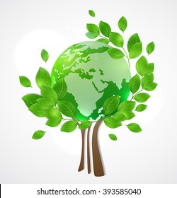 Planet Earth and green tree. Card for Earth Day.