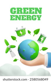 Planet earth in hand with Green energy symbols. Alternative ecological power sources. Ecology and environmental conservation vector poster design. 3D cartoon wind turbine, battery and plant