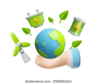 Planet earth in hand with Green energy symbols and leaves. Alternative ecological power sources. Ecology and environmental conservation vector illustration. 3D cartoon wind turbine, plug and battery