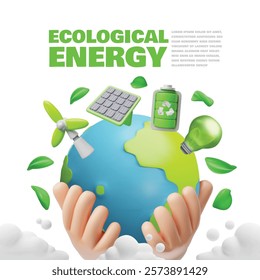 Planet earth in hand with Green power symbols. Alternative ecological energy sources. Environmental conservation vector poster. 3D cartoon wind turbine, battery, plant in light bulb, solar panels