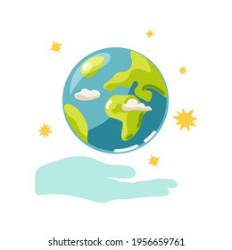 Planet Earth and hand on white background. Ecological concept. Planet day and week. Vector illustration.