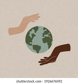 Planet Earth In Hands. Abstract Contemporary Eco Poster Earth Day Concept, World Environment Day Minimal Banner. Vector Art