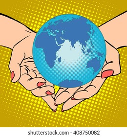 Planet Earth in hands, Eurasia, Africa, Australia and Antarctica
