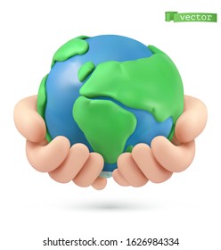 Planet earth in hands icon. 3d vector object. Handmade plasticine art illustration