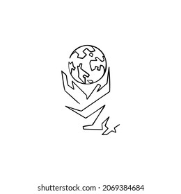 planet earth in hands one line vector illustration art hand draw .