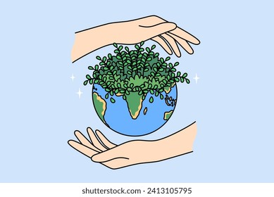 Planet earth and hands of people, caring about preserving environment or ecology of diversity causing plant growth. Ecology day concept to reduce CO2 emissions and combat climate change