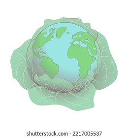 Planet Erde in einem Kopfkohl, flache Illustration einzeln auf weißem Hintergrund, Welt-Vegan-Tag