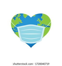 Planet Earth in a hearth shape wearing medical mask, vector illustration