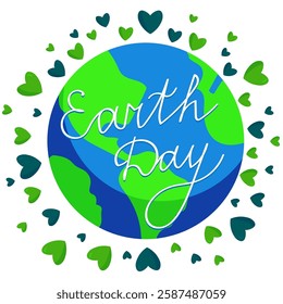 Planet Earth with hearts inscription earth day. World Environment Day concept. Minimal flat scribble drawing illustration isolated on white background for web, banner cards
