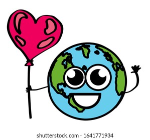 Planet earth holds a balloon in the shape of a heart. Vector illustration.