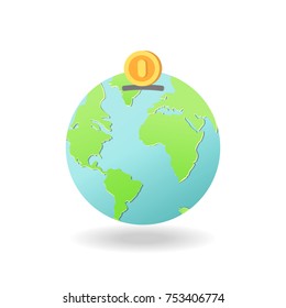 Planet Earth with hole for money. Box for money. Bank. Gold coin. Vector illustration