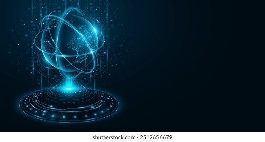 Holograma de Planeta Tierra. Mapa del mundo digital de puntos brillantes con círculos HUD contra el fondo de código binario. Sistema mundial de comunicación. Big data en el ciberespacio. Ilustración vectorial. EPS 10.