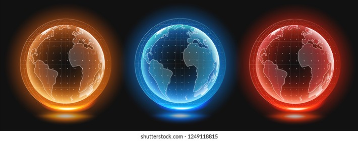 Planet earth hologram templates. Digital globe world. Holographic image of planet earth. HUD style vector illustration.