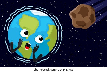 Planeta Tierra horrorizada y asteroide en el espacio.