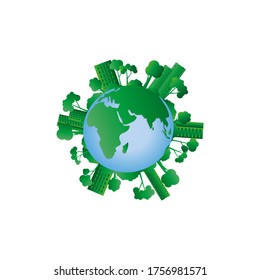 Planet earth with houses, buildings, trees, bushes. Vector illustration, eps 10. Concept: earth day, nature protection, protect the environment, universal, world day.