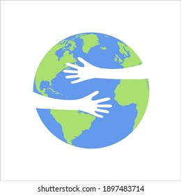 Planeta Tierra con un abrazo. Tierra con manos humanas. Ilustración vectorial del día terrestre.Ilustración vectorial