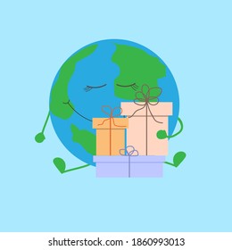 Planet Earth hugs gift boxes. Christmas holiday. Vector illustration. Cartoon hero.