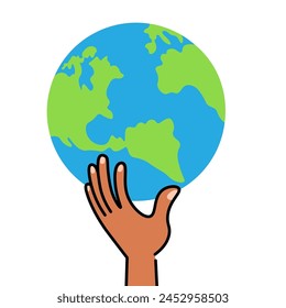 planet earth and human arm in vector in flat style. illustration for design, logo, sticker, poster, print