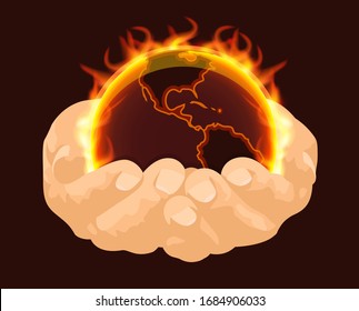 Planet earth in human hands, burning in flames of fire, palms vector illustration