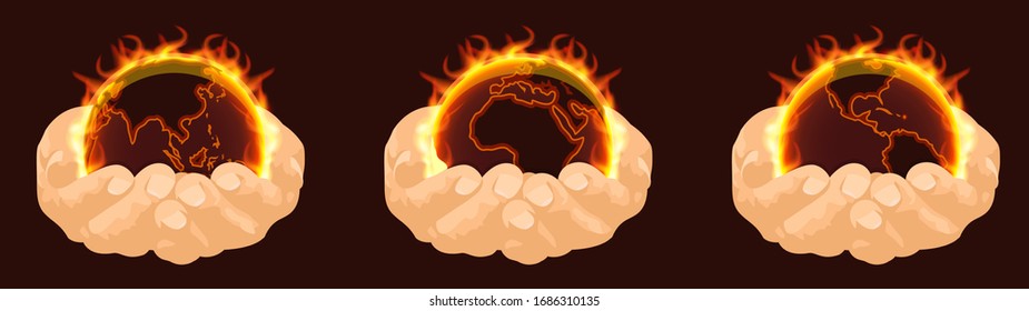 Planet earth in human hands, burning in flames of fire, Africa, Europe, vector illustration