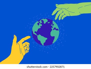 Planet Earth and human hands. Earth day poster, card, flyer. World environment day. Hand reaching out to each other. Save the planet concept. Impact on space. Human hand manipulating planet Earth