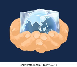 Planet earth in human hands, frozen inside an ice cube, vector illustration