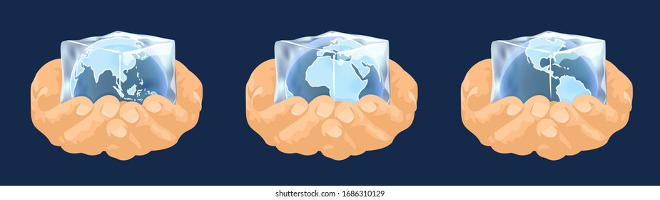 Planet earth in human hands, frozen inside an ice cube, North and South Americas, vector illustration