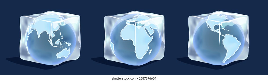 Planet earth in human hands, frozen inside an ice cube, vector illustration