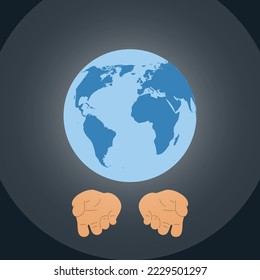 Tierra de planeta y manos humanas. Sobre fondo azul oscuro. Cuidado con el concepto de planeta. Ilustración vectorial plana.