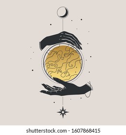Planet Earth in human hands. Vector hand drawn illustration