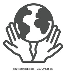 Planet earth in human palm hands solid icon, charity concept. Vector graphics. World globe with hands sign on white background, glyph style icon for mobile or web design
