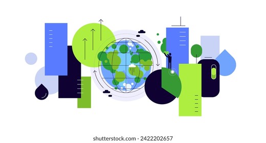 Planeta Tierra y humanidad. Simbiosis de la vida, la industria humana, el medio ambiente y el cambio climático. Gráfico, elemento infográfico, ilustración plana. Archivo vector.