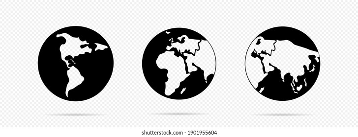 Planet Earth icon in black. World map. For web banner, web and mobile, infographic. Vector on isolated transparent background. EPS 10