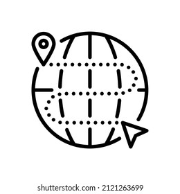 Planet Earth Icon. Designation of moving to specified point, following the route. Location with indication of end point.