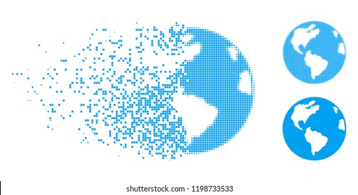 Planet Earth icon in disappearing, dotted halftone and undamaged solid versions. Cells are composed into vector dispersed planet Earth symbol. Disappearing effect uses rectangle particles.