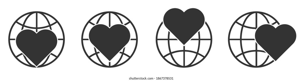 Planet Earth icon with heart symbol. Set of linear globe icons. Vector illustration. World health day concept