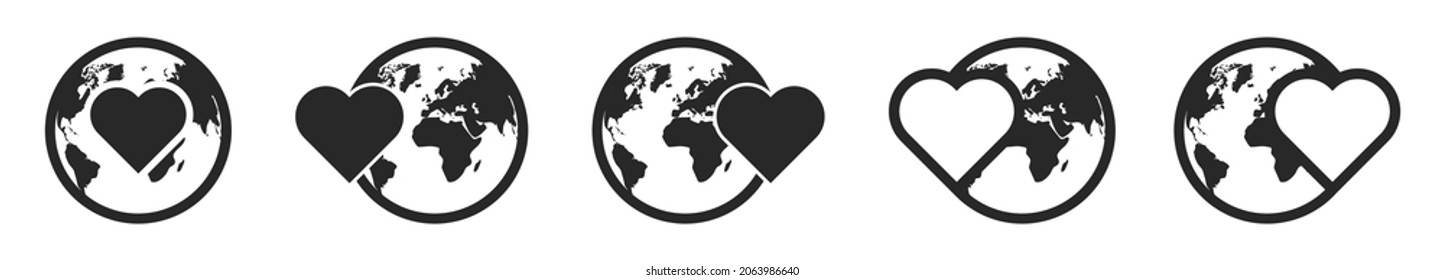 Planet Earth icon with heart symbol. Set of globe icons. Vector illustration. World health day concept