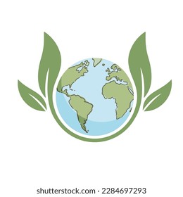 Planet earth icon with leaf protecting it. Save the world, eco-friendly symbol. Protect the environment.