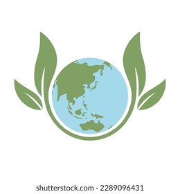Planet earth icon with leaf protecting it. Save the world, eco-friendly symbol. Protect the environment.