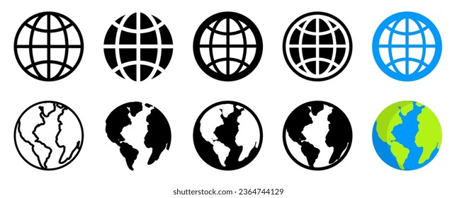  Icono planeta tierra.Juego de iconos Web.Juego de iconos de Internet.Conjunto de símbolos globales.