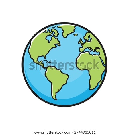 Planet Earth icon vector illustration featuring a clean, flat design of the globe with continents and oceans. Simple and modern Earth symbol isolated on white background. Perfect for environmental projects, geography and educational materials, travel and tourism designs, apps, websites, infographics, and global awareness campaigns. Minimal, colorful, and scalable vector graphic suitable for web, print, and commercial use.