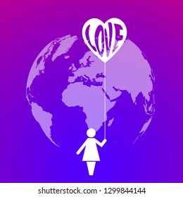 Planet Earth and icon of a woman holding a heart with the word love on bright purple background .