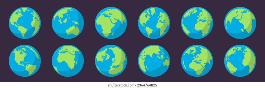 Planet Earth icons collection in a flat design. Planet earth or world globe with ocean in a flat design. Globe or planet Earth