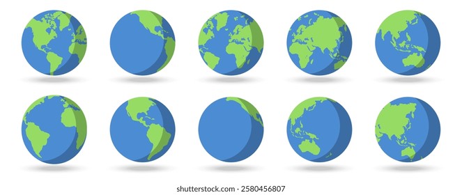 Planet Earth icons collection in a flat design. Planet earth or world globe with ocean in a flat design